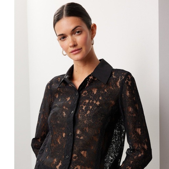JASON WU Black Floral Lace Cropped Collared Button Up Shirt Top Womens Size L - Picture 7 of 7